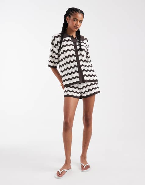 4th & Reckless - Brune og hvide strikkede strandshorts med hæklet look og zigzag-mønster - Del af sæt - view 1