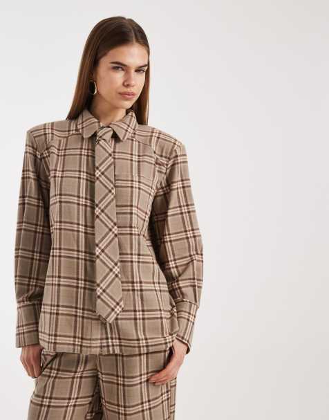 4th & Reckless brushed cotton shoulder pad tie detail shirt in beige check (part of a set) - view 1