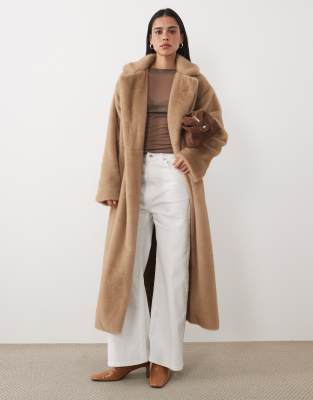 4th & Reckless Brushed Faux Fur Collared Tie Waist Maxi Coat In Neutral