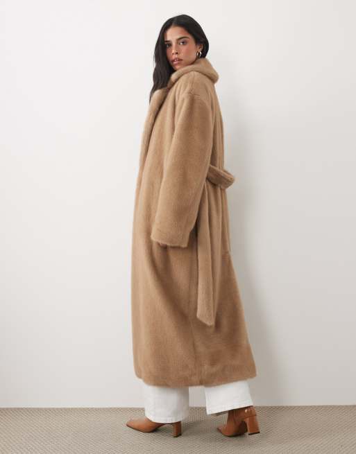 4th & Reckless brushed faux fur collared tie waist maxi coat in beige, 4 of 4