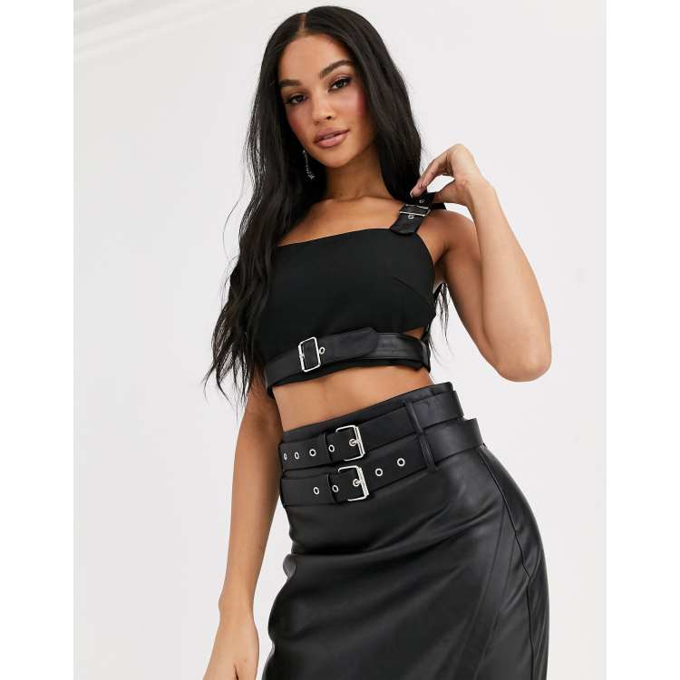 Faux Leather O-Ring Crop Top For Dance