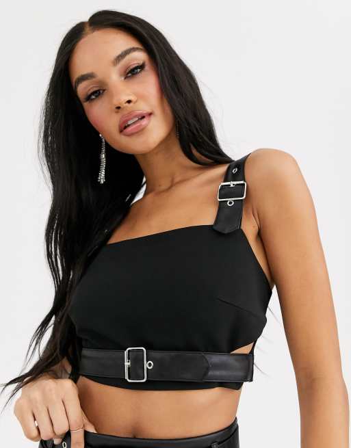 Leather buckle hot sale crop top