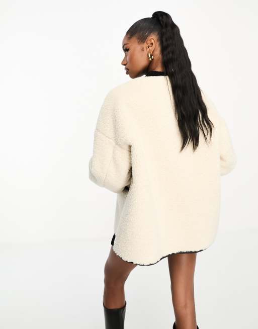 4th & Reckless button detail faux shearling jacket in cream