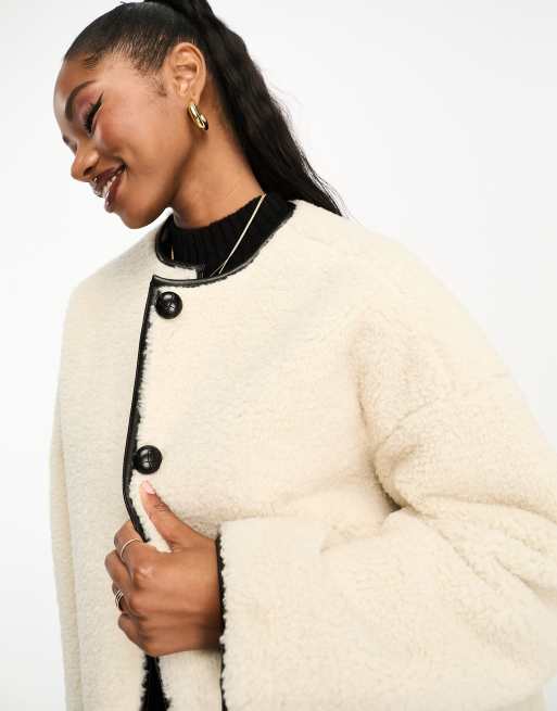 4th & Reckless button detail faux shearling jacket in cream