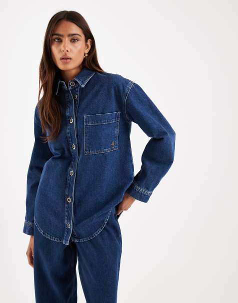 4th & Reckless button through structured denim shirt in dark wash (part of a set) - view 1