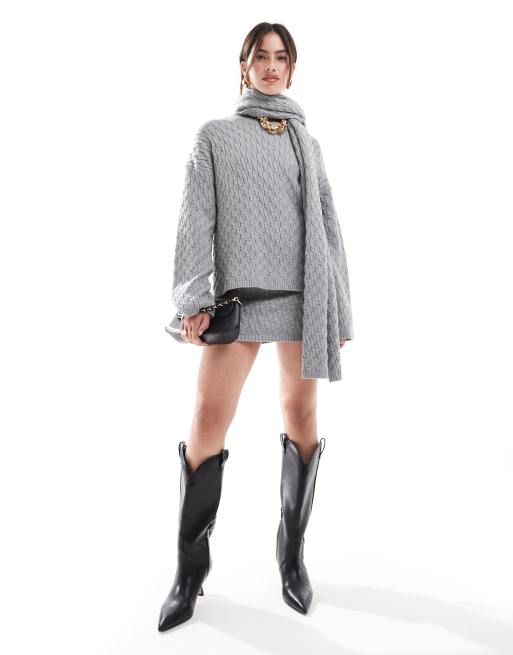 4th & Reckless cable knit jumper with scarf and mini skirt set in grey