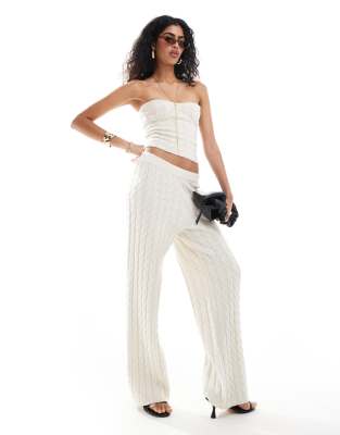 cable knit wide leg pants in cream - part of a set-White