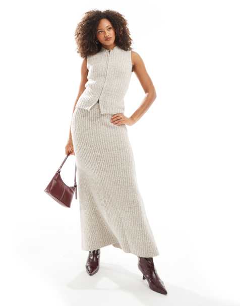 4th & Reckless boucle knitted maxi skirt co-ord in camel