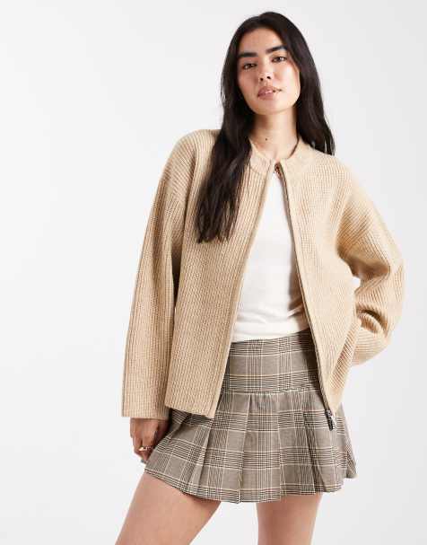 4th & Reckless premium high neck double zip knitted bomber cardigan in camel