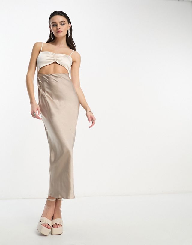 4th & Reckless cami contrast satin maxi cut out dress in oyster and taupe