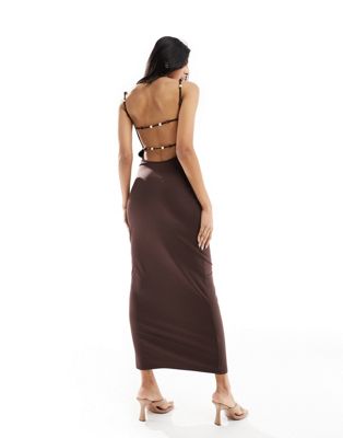 4th & Reckless Cami Low Back Bead Detail Maxi Dress In Brown