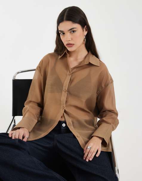 4th & Reckless - Camicia con polsini ampi color talpa trasparente - view 1