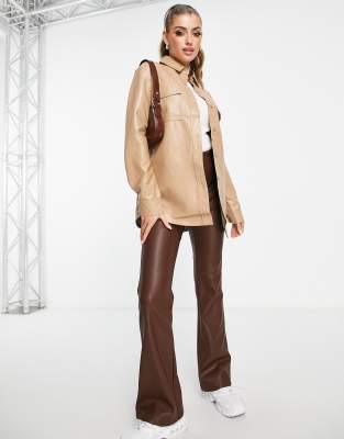 Camicia oversize in pelle sintetica beige in coordinato-Neutro - 4th&Reckless Camicia donna  - immagine3