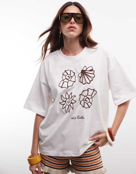 4th & Reckless - camiseta de algodón con gráfico de concha bordado en blanco roto - view 1