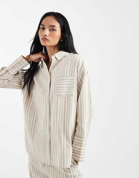 4th & Reckless - Chemise d'ensemble de plage en coton légère et boutonnée - Rayures beige - view 1