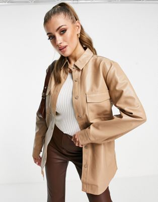 4th & Reckless leather look oversized shirt co ord in beige - ASOS Price Checker