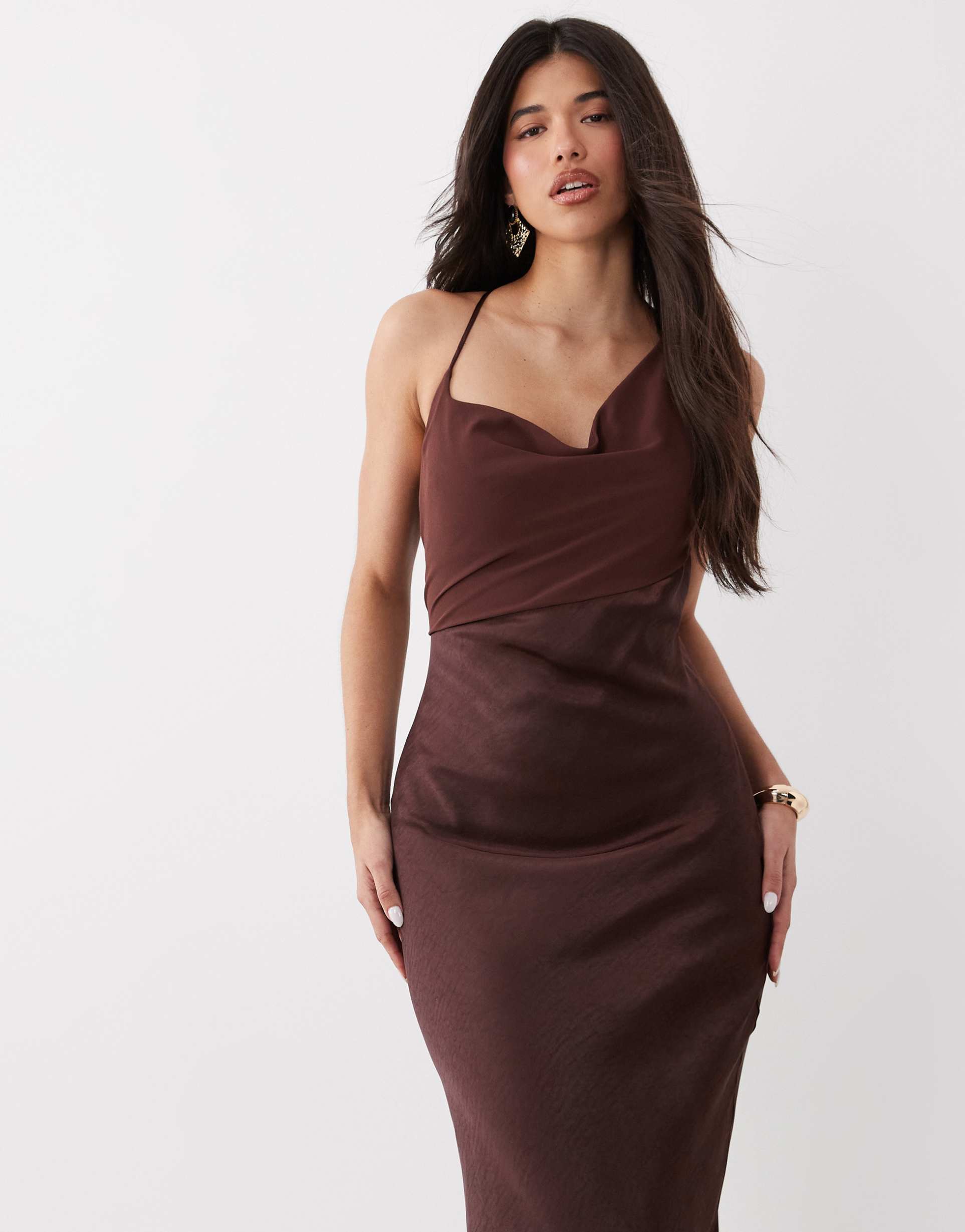 4th & reckless chiffon cowl neck cross back cami satin maxi dress in chocolate
