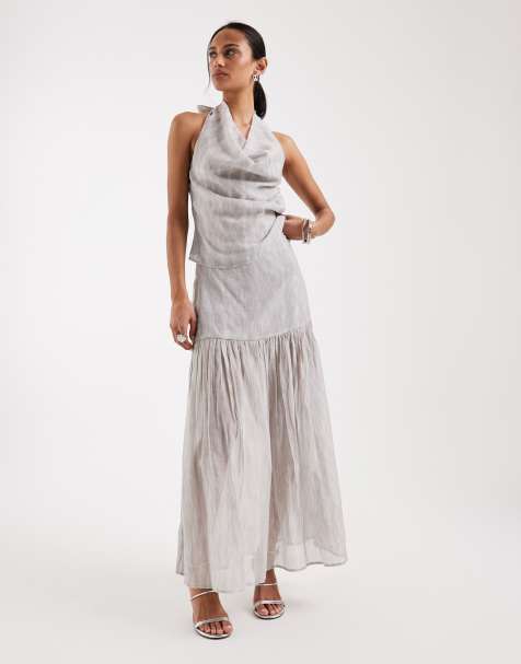 4th & Reckless chiffon cowl neck halterneck top and maxi skirt set in blue print - view 1