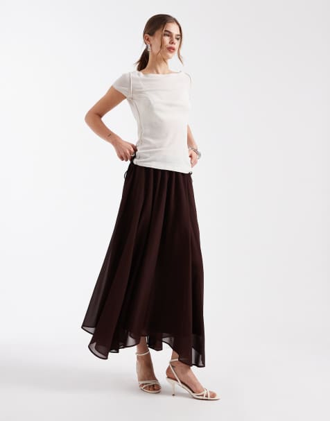 4th & Reckless chiffon shirred tie waist detail asymmetric hem maxi skirt in chocolate - view 1