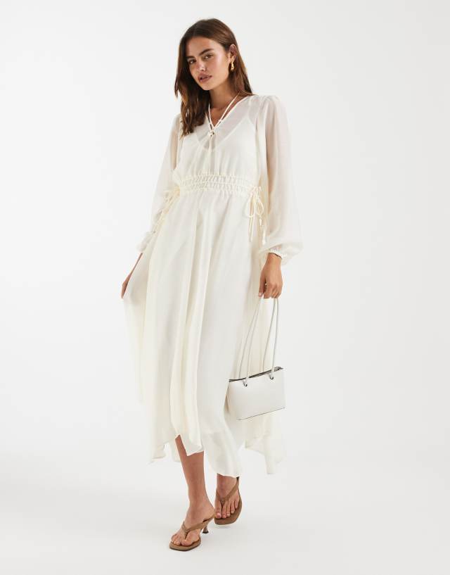 4th & Reckless chiffon tie front balloon sleeve asymmetric floaty hem maxi dress in cream