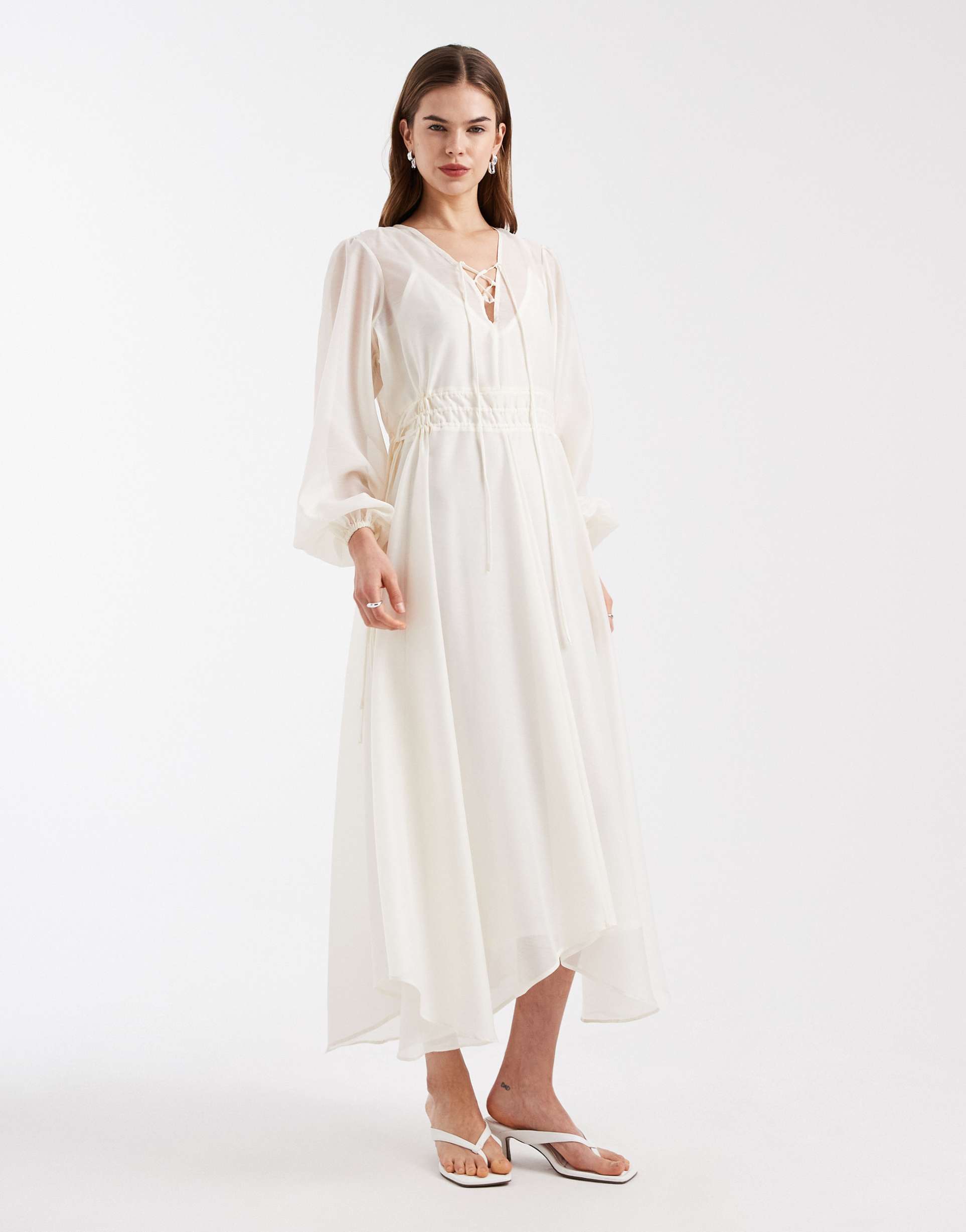 4th & reckless chiffon tie front balloon sleeve asymmetric floaty hem midaxi dress in cream