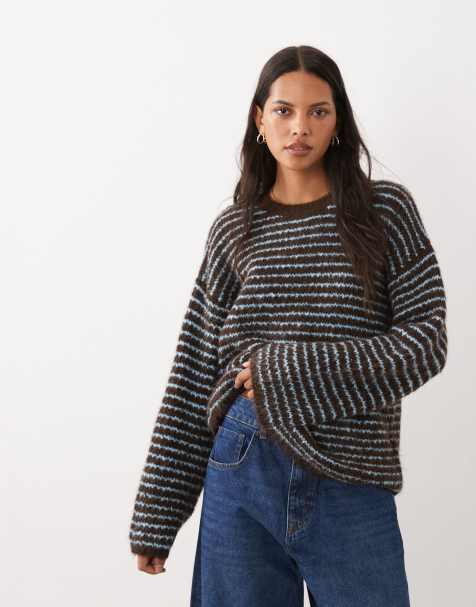 4th & Reckless – Chokladbrun och blårandig, strukturerad tröja med rund halsringning och vida ärmar i yllelook, exklusivt hos ASOS - view 1