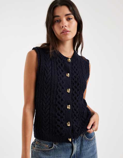 4th & Reckless chunky cable knit gold button sleeveless vest in navy