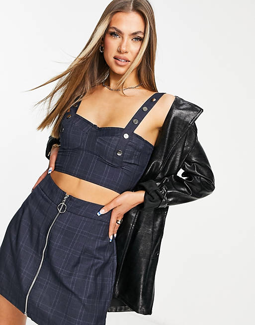 4th & Reckless co-ord crop top with buttons in navy check