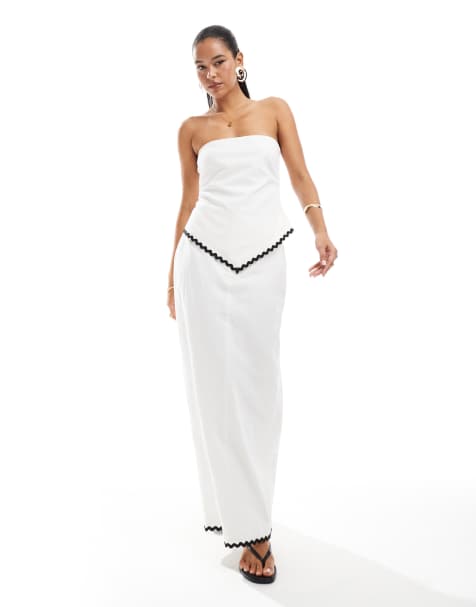 4th & Reckless - Co-ord set in zwart-wit van bandeautop met linnenlook, envelopzoom en contrasterende schulprand en maxi rok - view 1