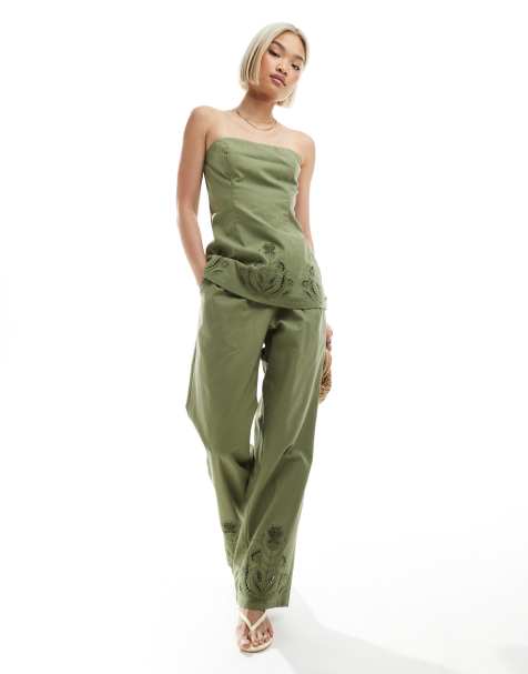 4th & Reckless - Co-ord set van bandeau-top met lange pasvorm en broek van linnenmix met opengewerkte bloemen in olijfgroen - view 1