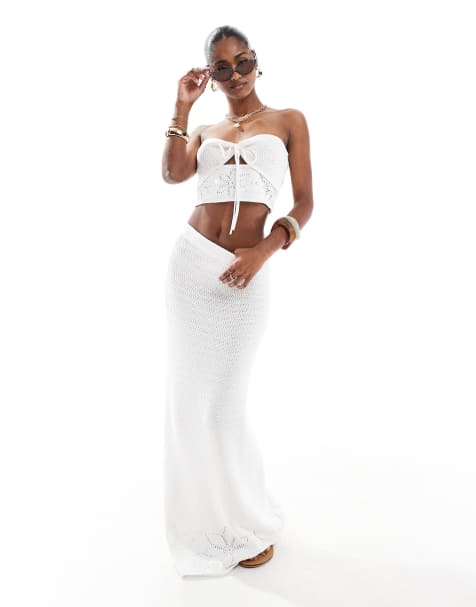4th & Reckless - Co-ord set van gebreide cropped bandeau-strandtop en maxi-rok in wit - view 1