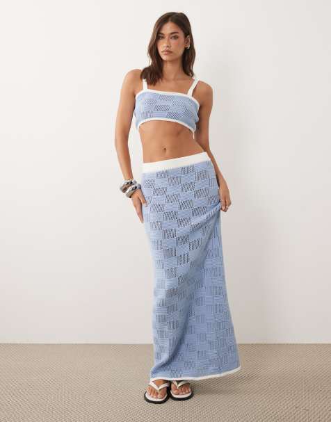 4th & Reckless - Co-ord set van gehaakte crop strandtop met vierkante hals en rok met gemengde ruitprint van katoenmix in blauw - view 1