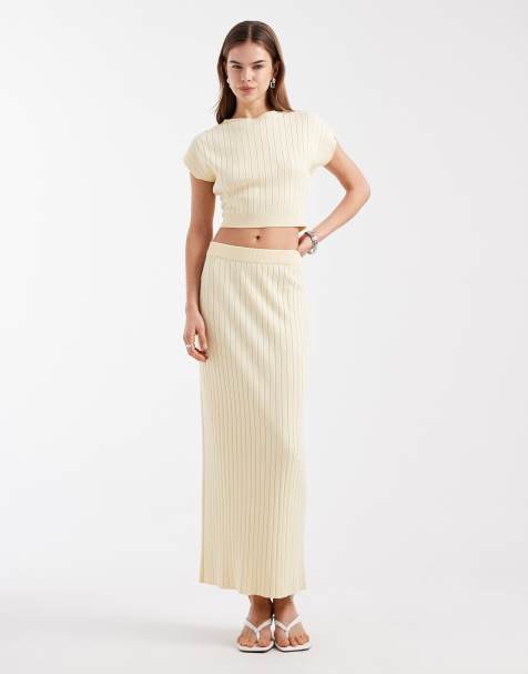 4th & Reckless - Co-ord set van geribbelde gebreide getailleerde mouwloze top en maxi-rok met hoge taille in botergeel - view 1