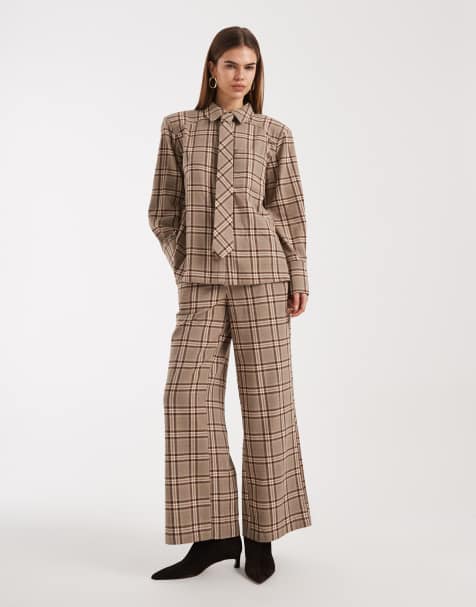 4th & Reckless - Co-ord set van geruit katoenen overhemd met schoudervullingen en strikdetail en broek met wijde pijpen in beige - view 1