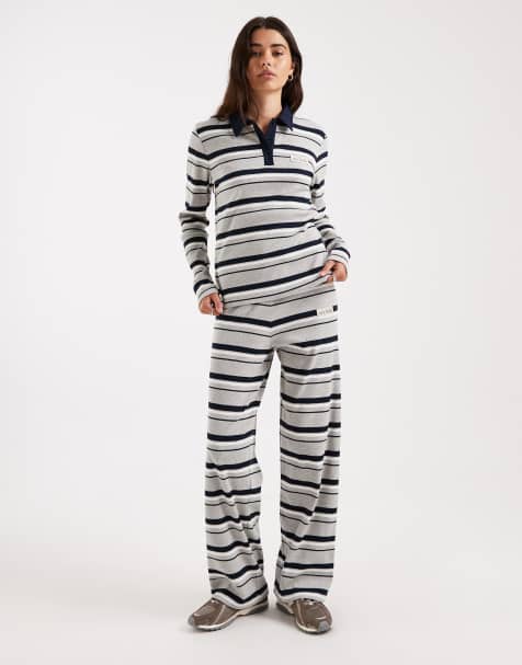 4th & Reckless - Co-ord set van gestreepte geribbelde katoenrijke top met lange mouwen, logodetail en kraagje en broek in marineblauw en grijs - view 1