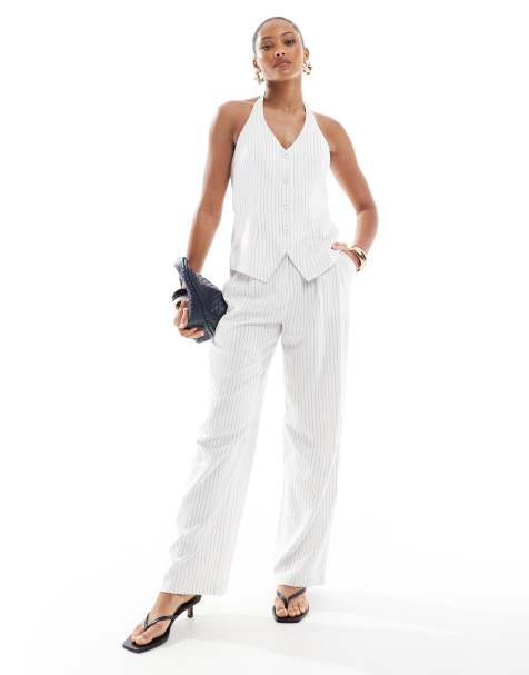 4th & Reckless - Co-ord set van gilet met halternek en elegante pantalon met wijde pijpen en krijtstreep in wit - view 1
