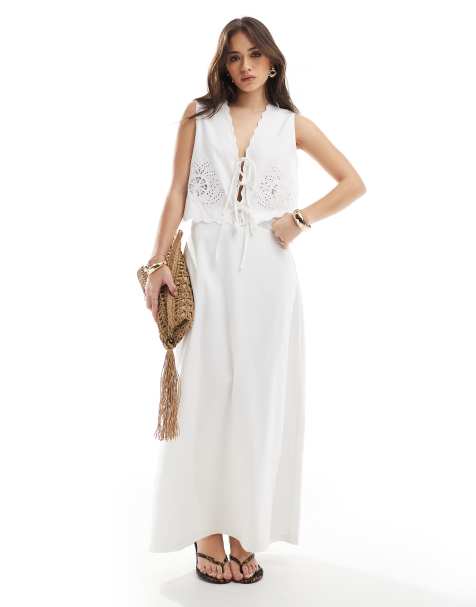 4th & Reckless - Co-ord set van linnenmix met top en maxi rok in wit - view 1
