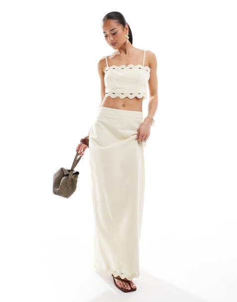 4th & Reckless - Co-ord set van top met geschulpte rand en maxi rok met linnenlook in gebroken wit - view 1