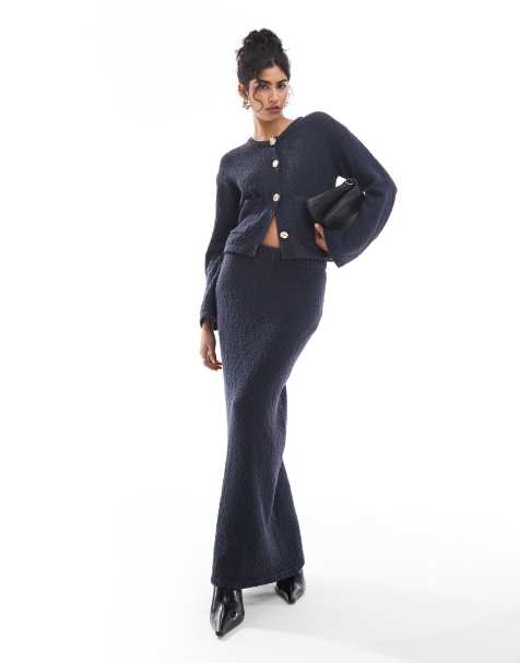 4th & Reckless - Co-ord set van vest met textuur, gouden knopen en zakdetail en maxi-rok in marineblauw - view 1