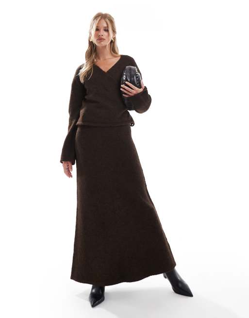 4th & Reckless - Co-ord set van wolmix van pluizig gebreid vest met gestrikte zijkant en maxi rok in chocoladebruin