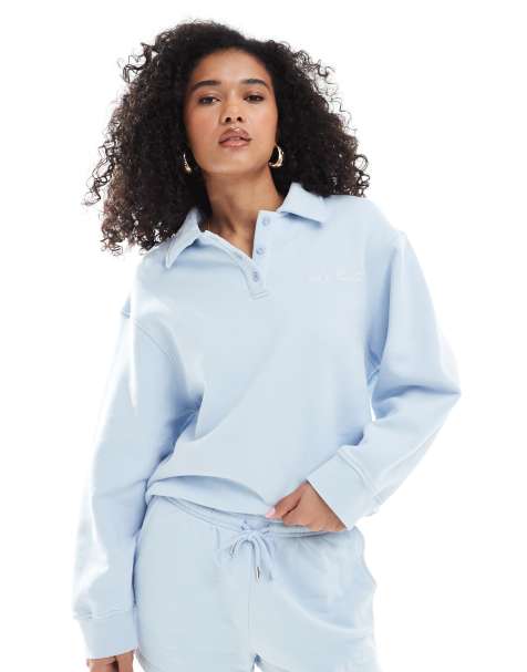 4th & Reckless collar button detail embroidered logo sweatshirt co-ord in blue - view 1