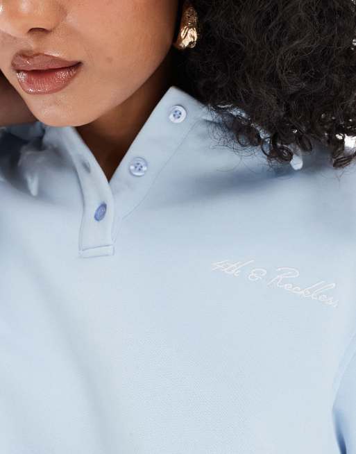 4th & Reckless collar button detail embroidered logo sweatshirt in blue - part of a set, 3 of 4