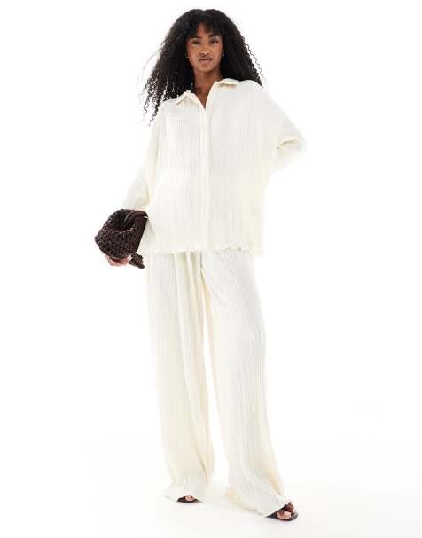 4th & Reckless collared button front plisse shirt and plisse elasticated waist wide leg trousers co-ord in cream - view 1