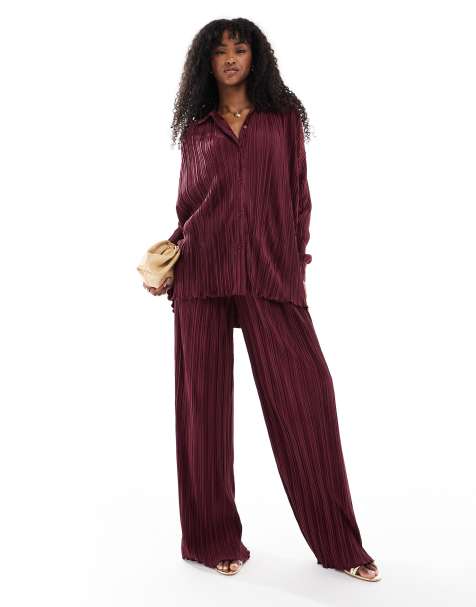 4th & Reckless collared button front plisse shirt and plisse elasticized waist wide leg pants set in burgundy - view 1