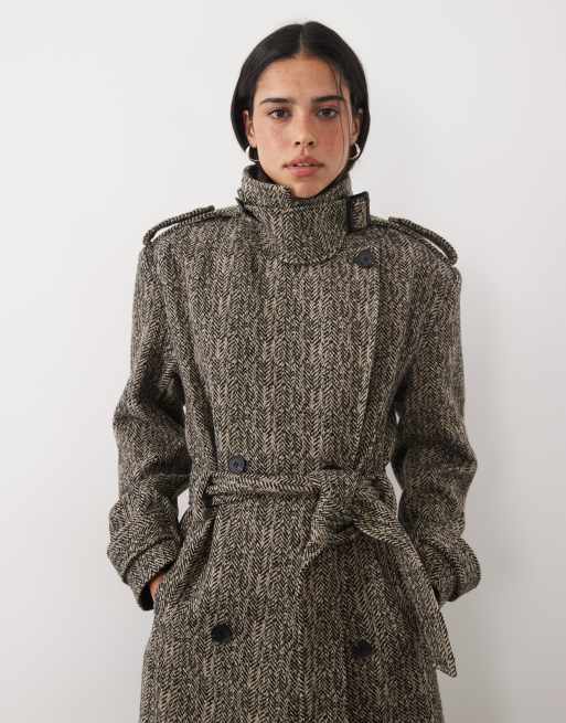 4th & Reckless collared double breasted longline dressy coat in black & white herringbone plaid, 2 of 4