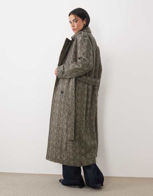 4th & Reckless collared double breasted longline formal coat in black & white herringbone check, 3 of 4