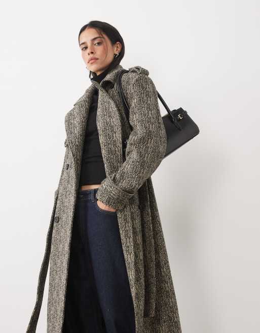 4th & Reckless collared double breasted longline formal coat in black & white herringbone check, 4 of 4
