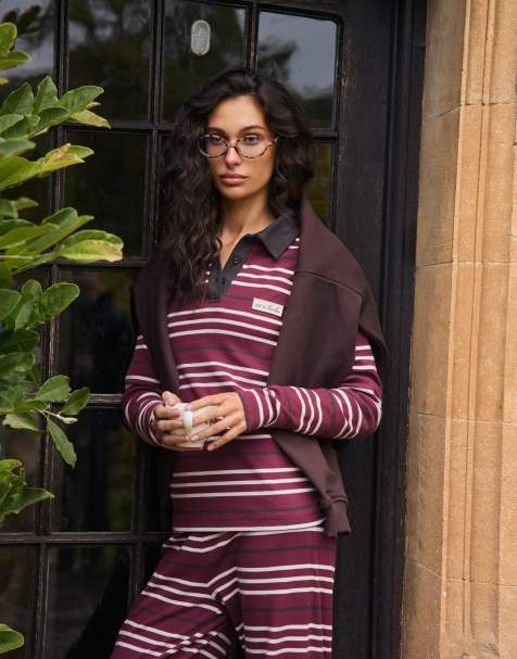4th & Reckless collared long sleeve top co-ord in white & burgundy stripe - view 1