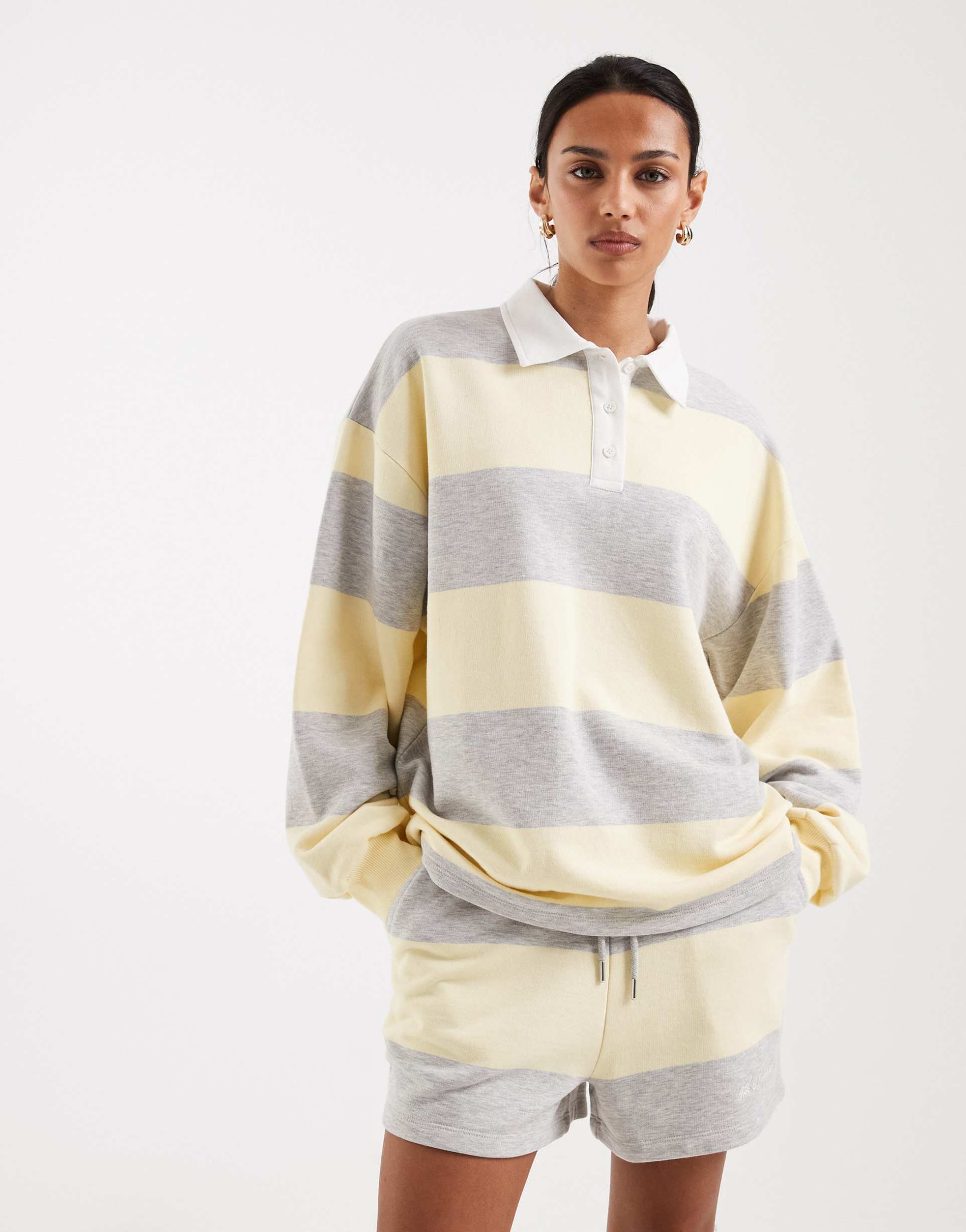 4th & reckless collared rugby sweatshirt in yellow & gray stripe - part of a set