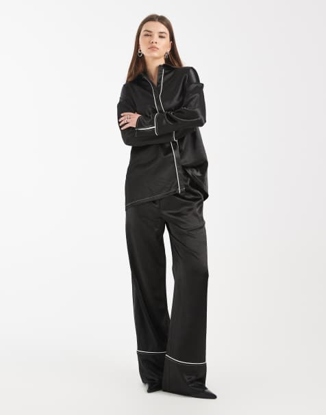 4th & Reckless collared wide cuff contrast trim shirt and wide leg trouser co-ord in black - view 1